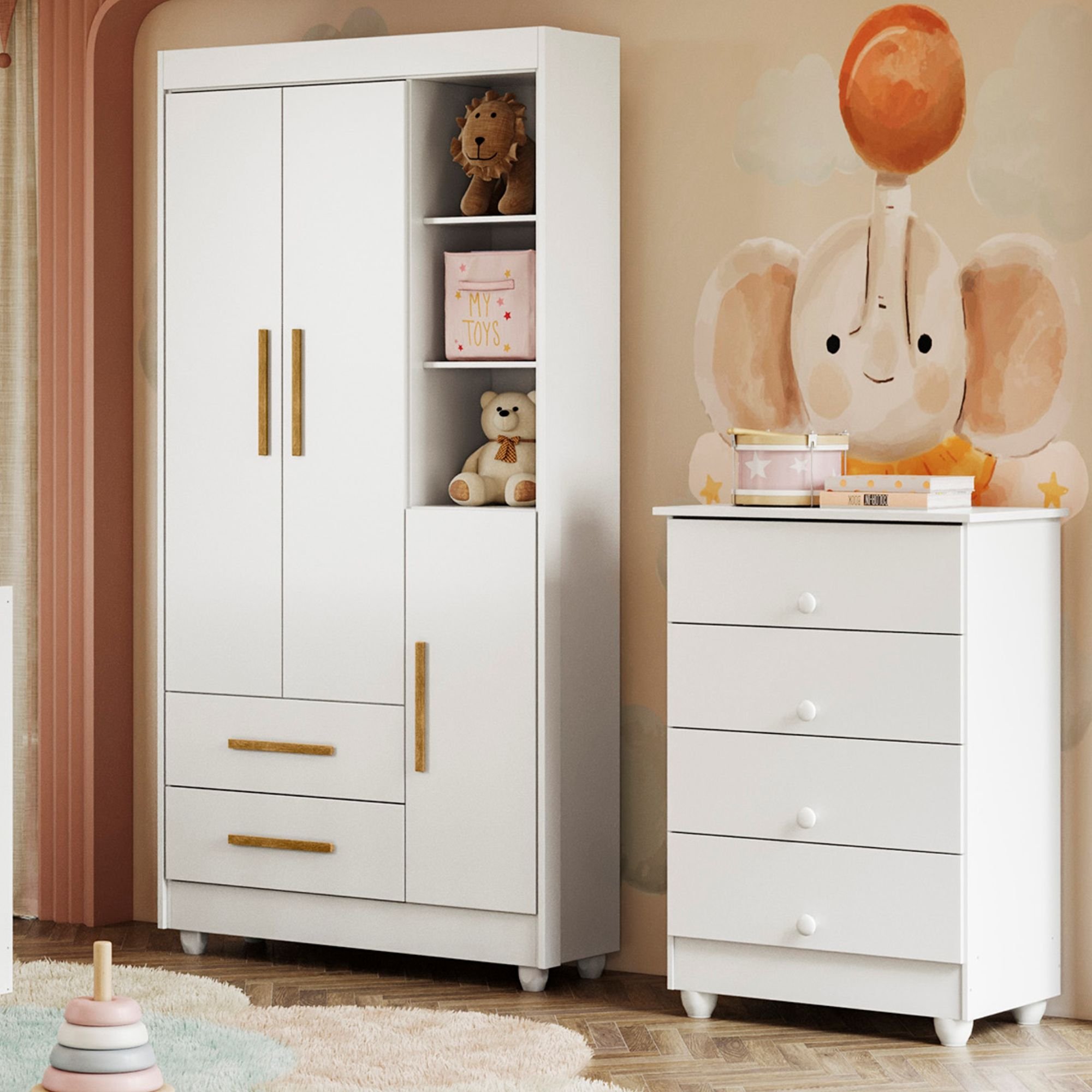 Quarto de Bebê Guarda Roupa 3 Portas e Cômoda MDF Nina Branco