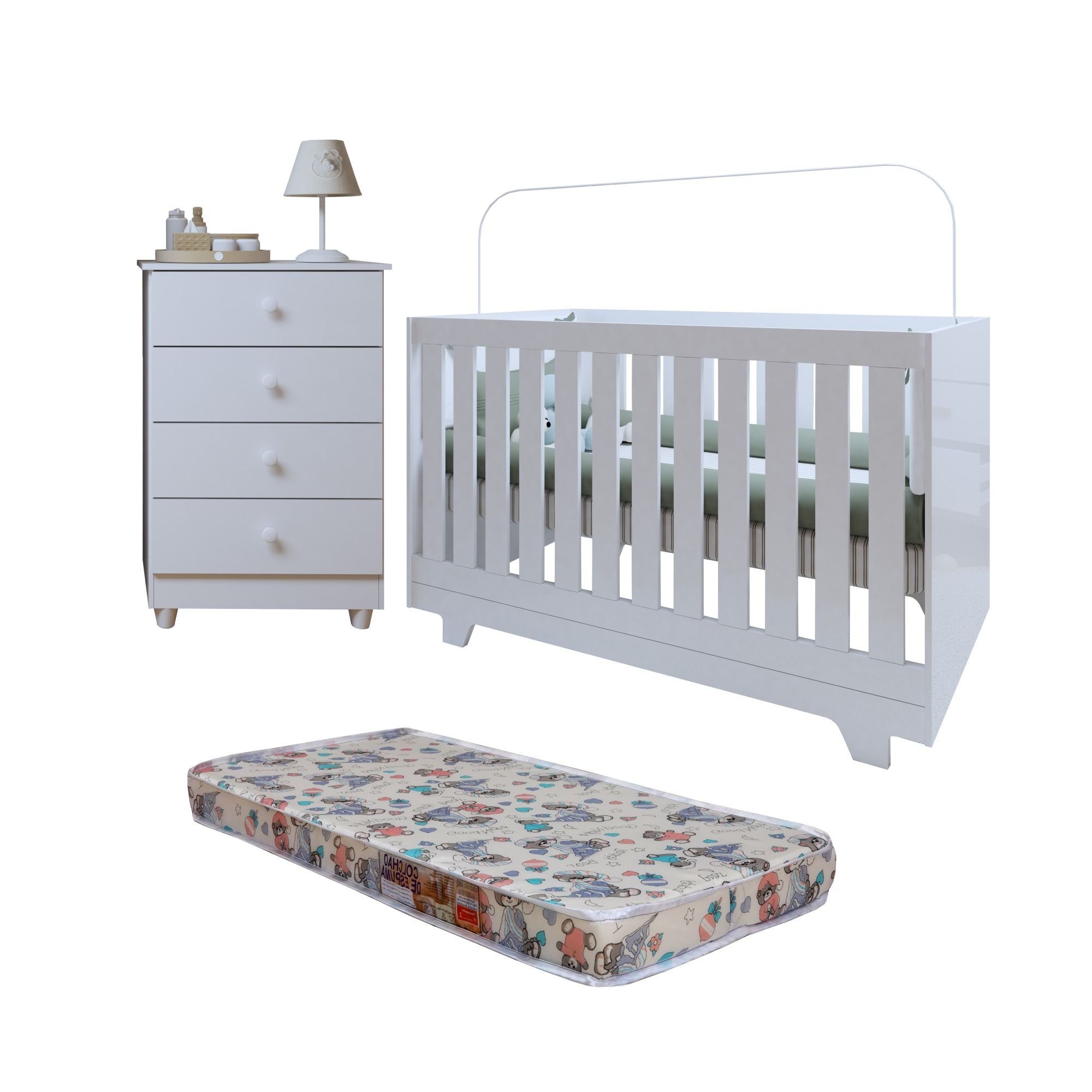 Encontraproduto.com.br - Quarto de Bebê Berço Mini Cama e Cômoda com Colchão Nina Branco