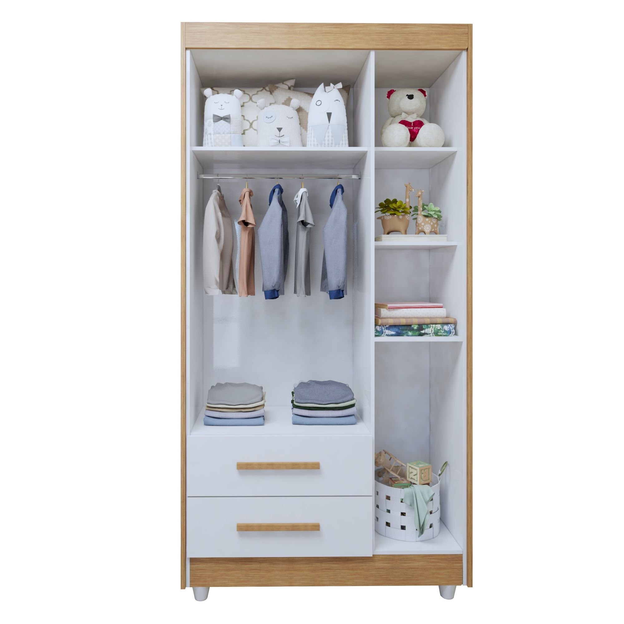 Encontraproduto.com.br - Quarto de Bebê Guarda Roupa 3 Portas e Berço Mini Cama MDF Nina Amadeirado/Branco