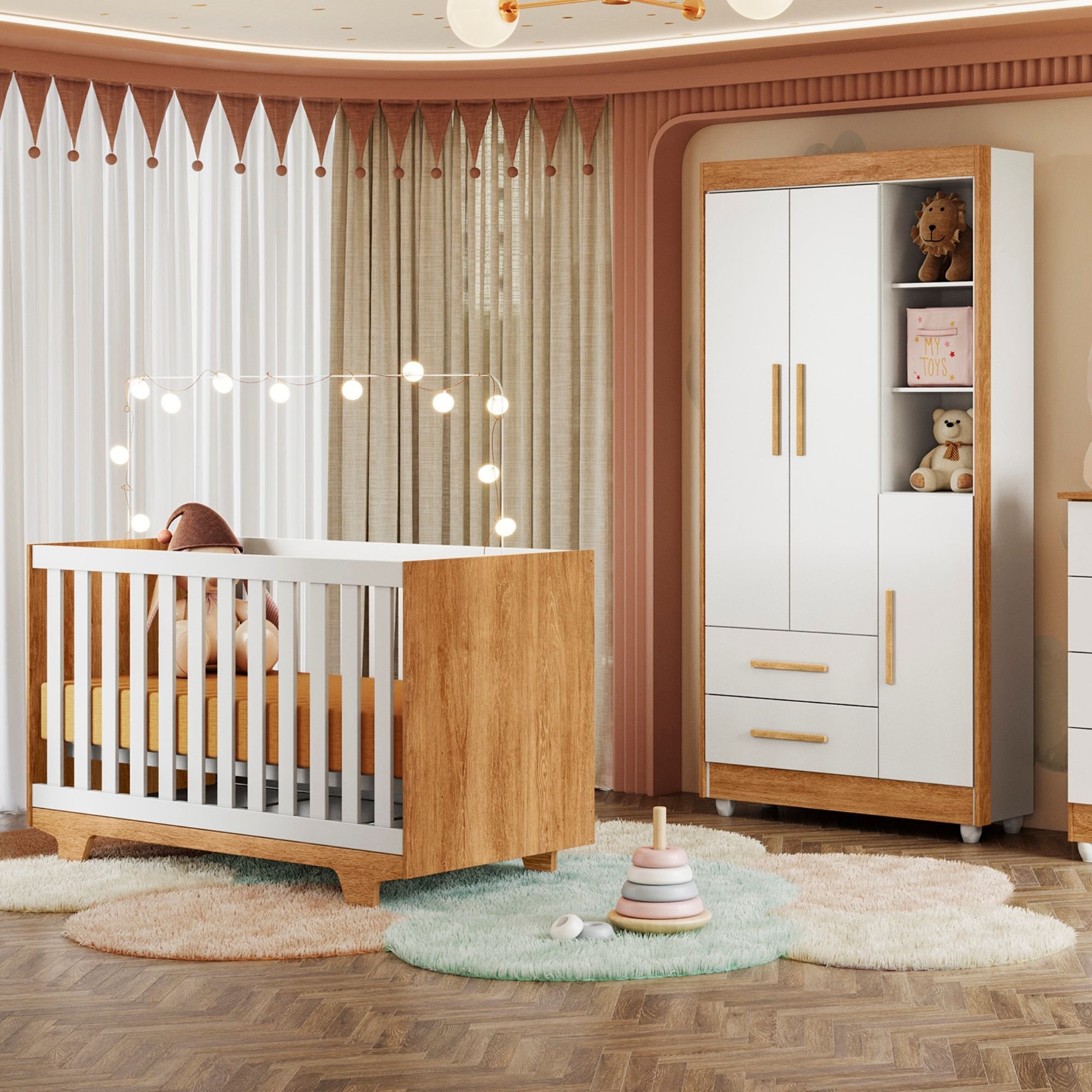 Quarto de Bebê Guarda Roupa 3 Portas e Berço Mini Cama MDF Nina Amadeirado/Branco