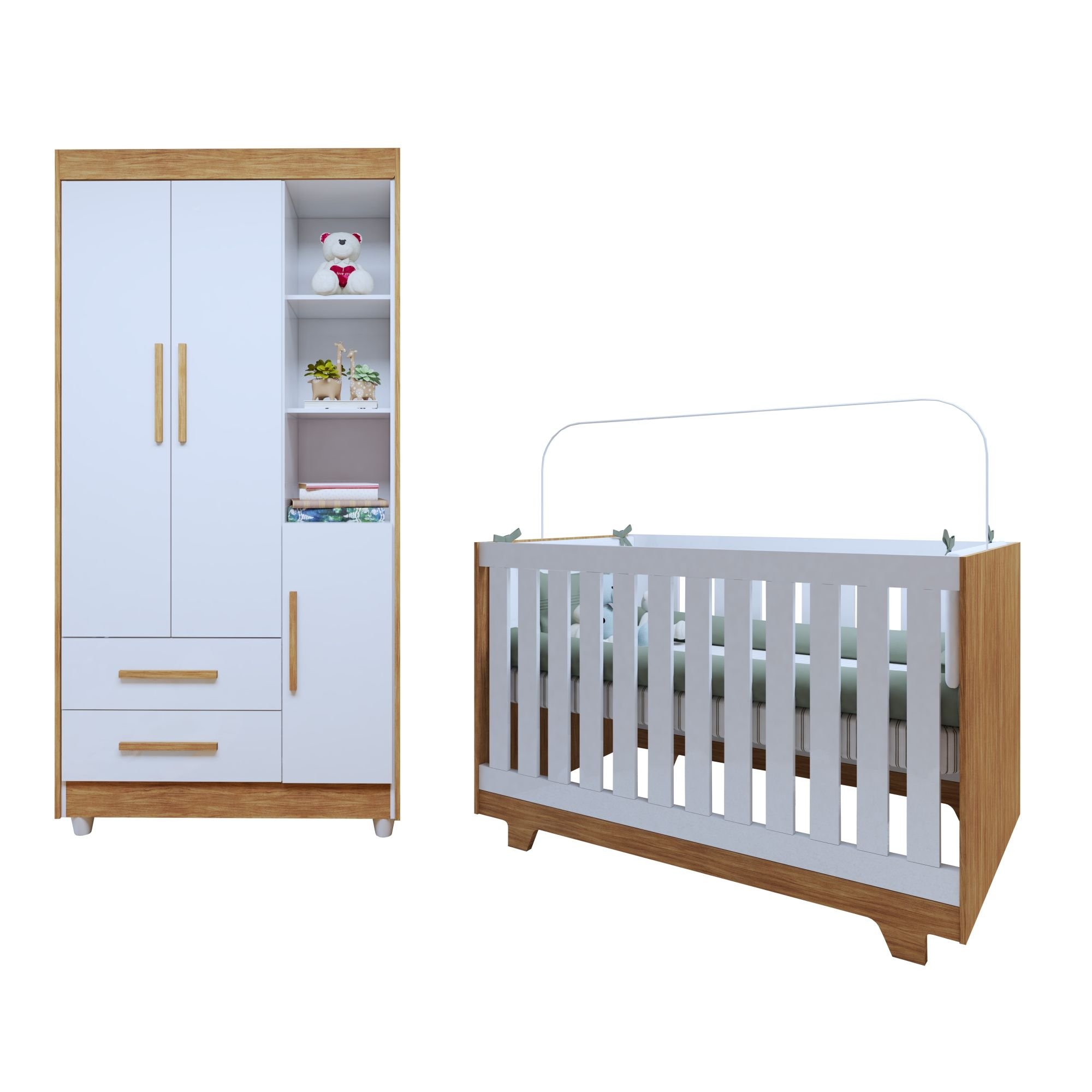 Encontraproduto.com.br - Quarto de Bebê Guarda Roupa 3 Portas e Berço Mini Cama MDF Nina Amadeirado/Branco
