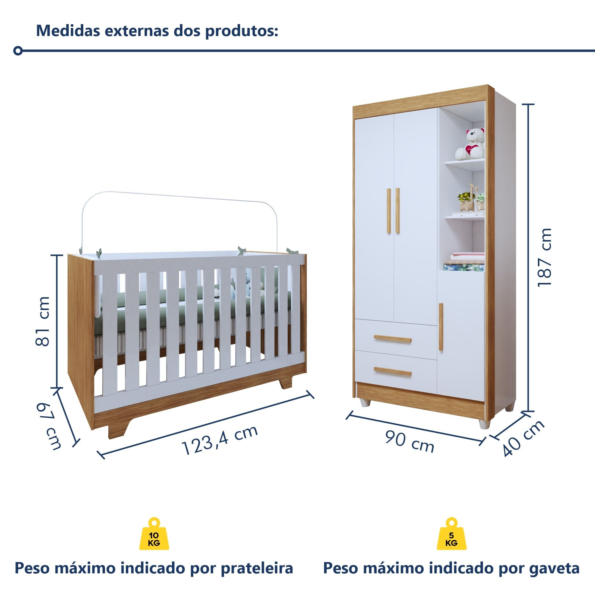 Encontraproduto.com.br - Quarto de Bebê Guarda Roupa 3 Portas e Berço Mini Cama MDF Nina Amadeirado/Branco
