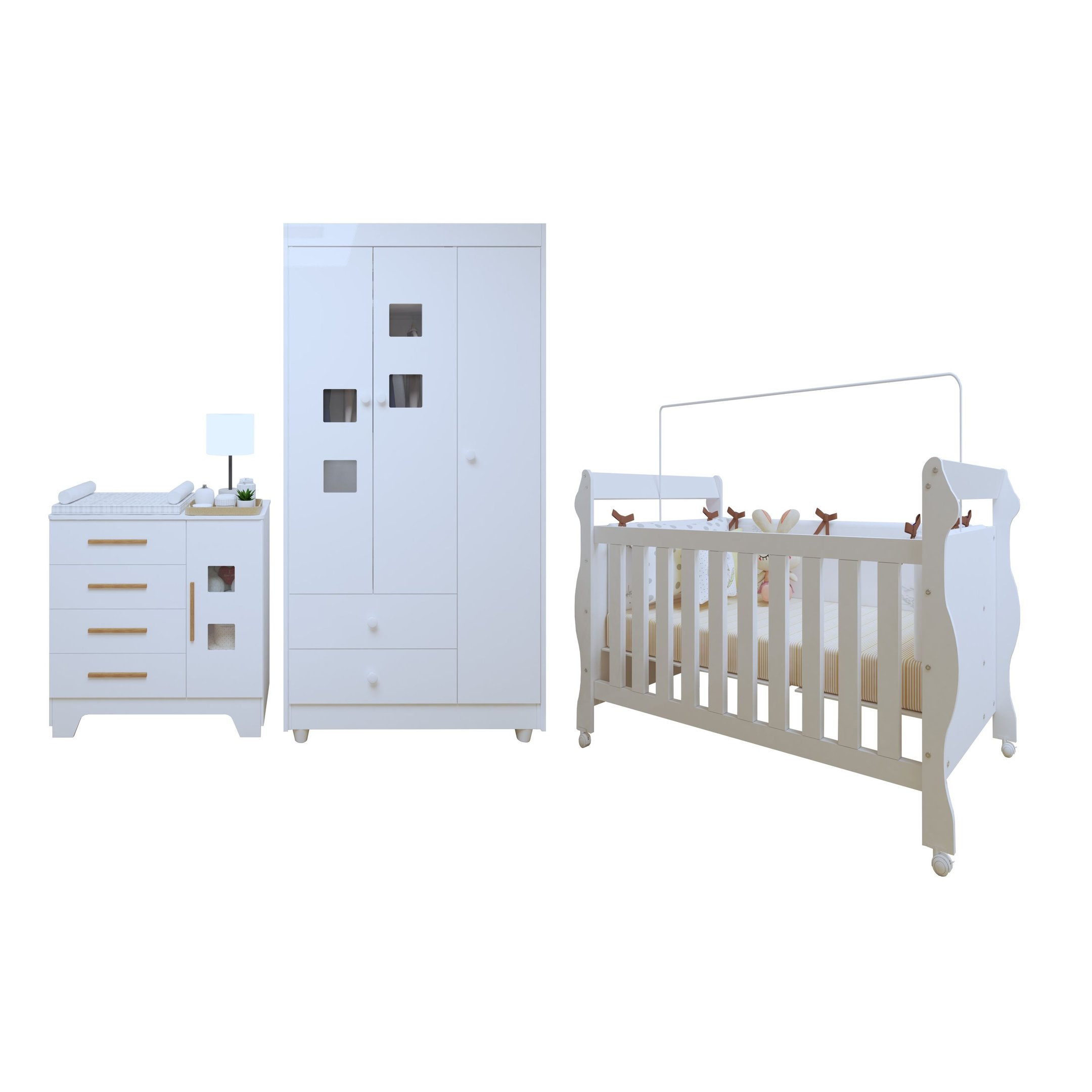 Encontraproduto.com.br - Quarto de Bebê Completo com Cômoda, Berço e Guarda Roupas Mila Branco