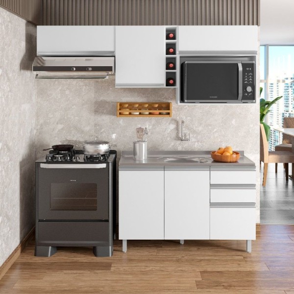Cozinha Modulada 5 Peças 6 Portas 2 Gavetas Com Balcão Para Pia Evidence Branco