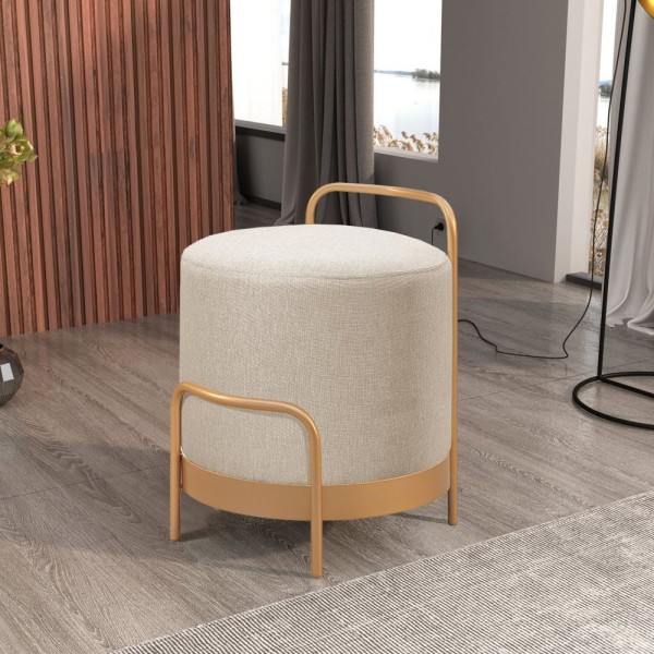 Puff Redondo Em Linho 50cm Com Base Bacci Bege Claro-dourado