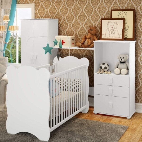 Encontraproduto.com.br - Conjunto de Bebê Sonho Mágico com Guarda Roupa 2 Portas, Cômoda e Berço Espresso Móveis Branco