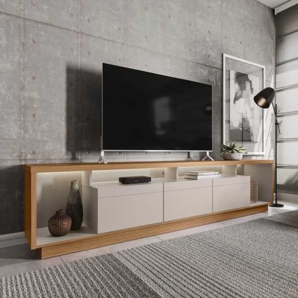 Encontraproduto.com.br - Rack Para Tv Até 75 Polegadas Fita De Led 218cm 3 Portas Cronos Yescasa Nature/ Off White