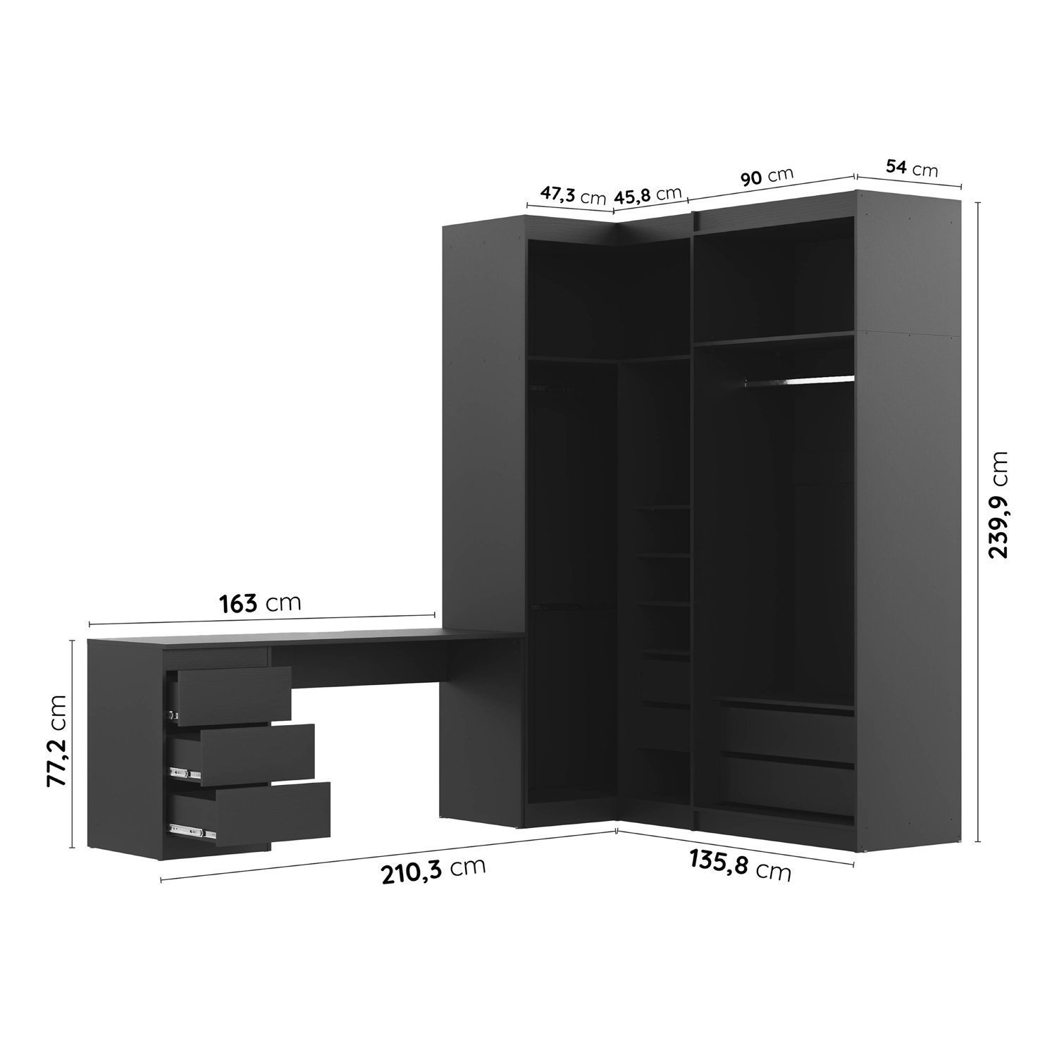 Encontraproduto.com.br - Guarda Roupa Modulado 4 Portas 3 Peças Com Escrivaninha Hera Cabecasa Madeiramadeira Preto-cromado