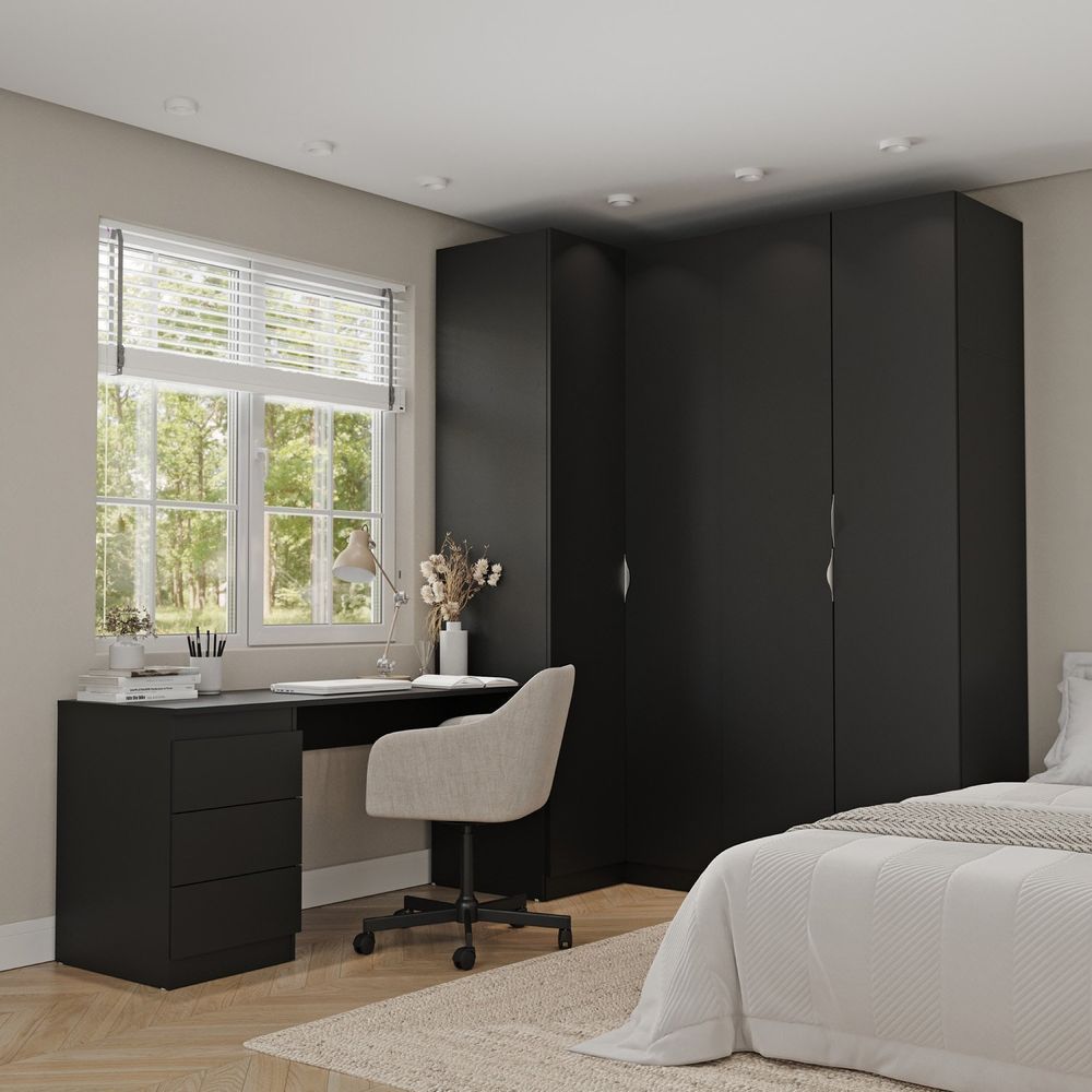 Guarda Roupa Modulado 4 Portas 3 Peças Com Escrivaninha Hera Cabecasa Madeiramadeira Preto-cromado
