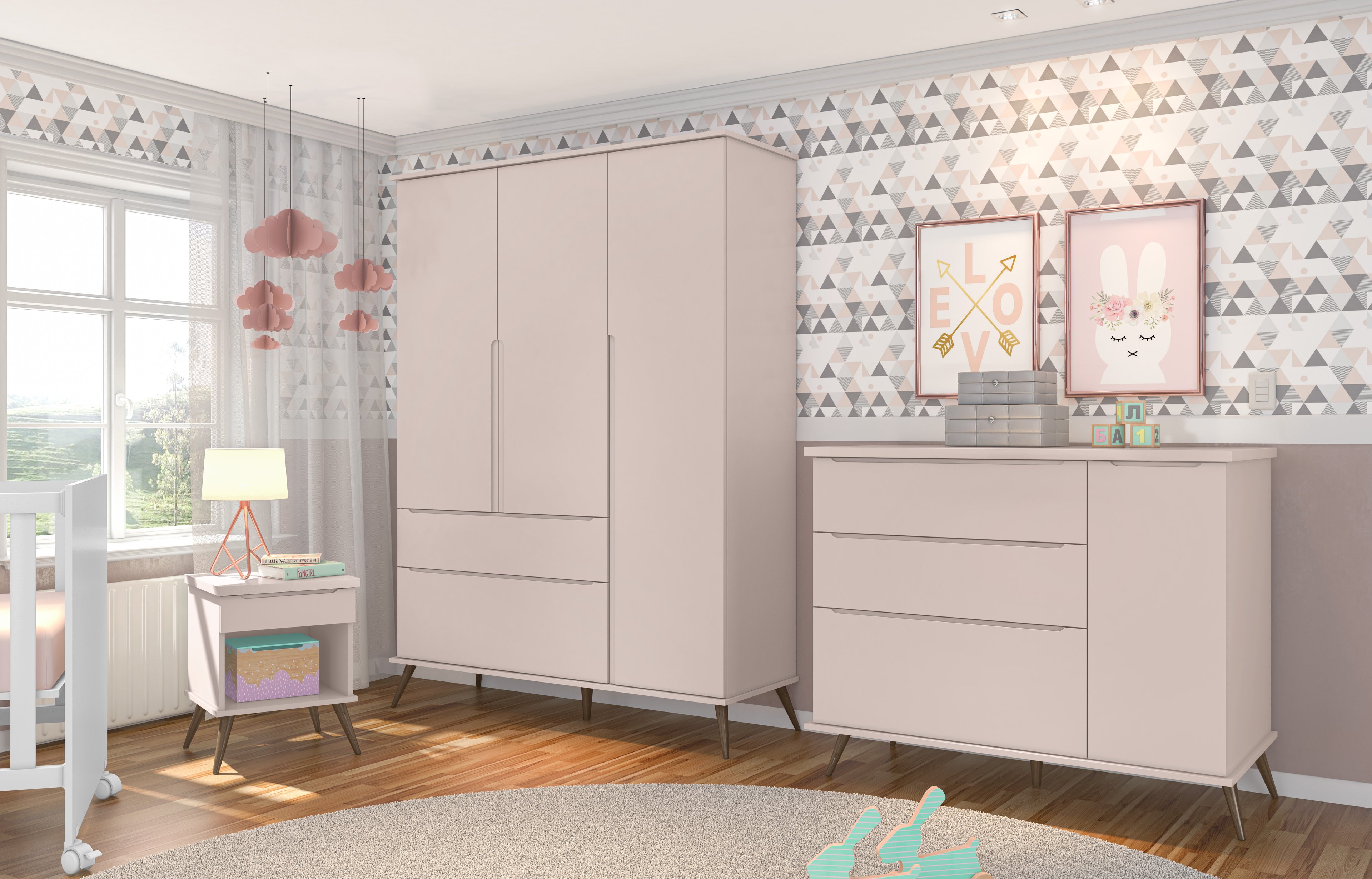 Jogo De Quarto Para Bebê Completo Melinda Com Roupeiro E Cômoda Rose