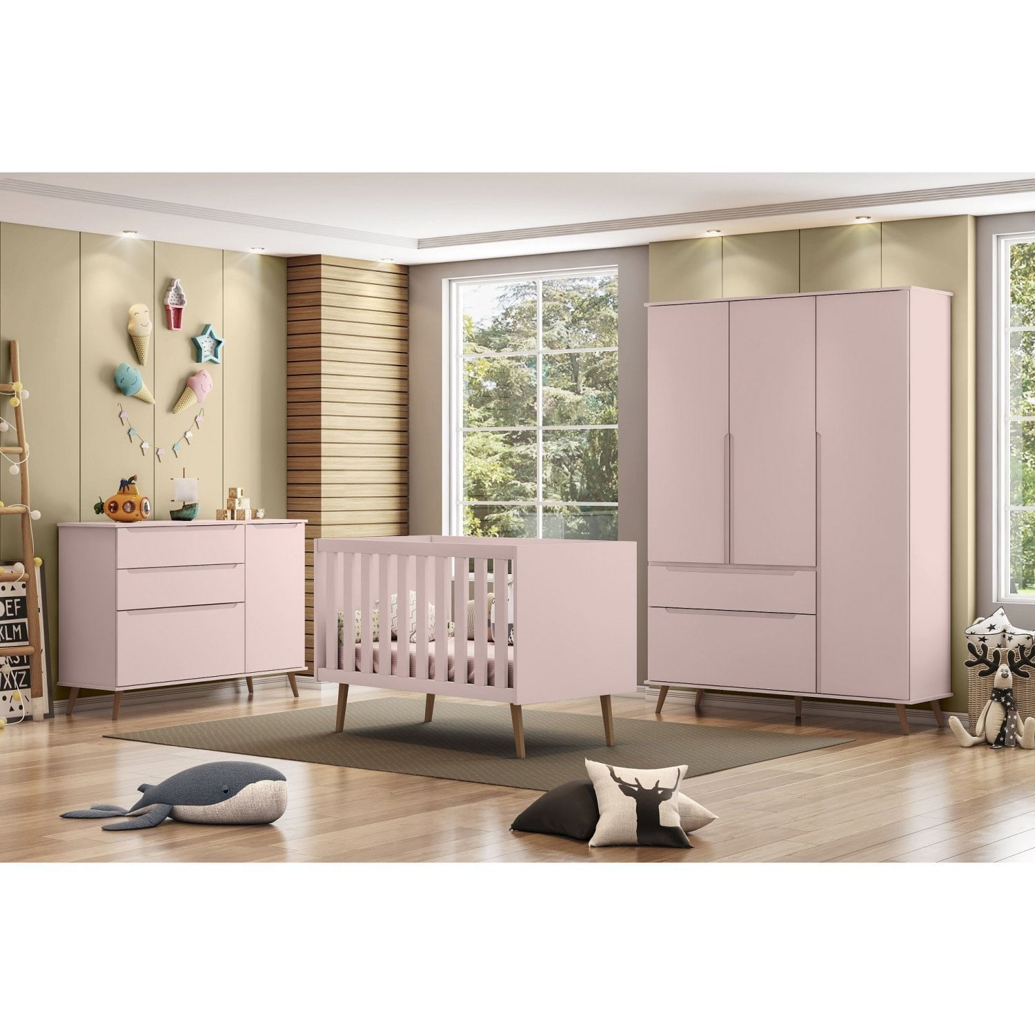 Quarto Para Bebê Completo Melinda Rosê Com Roupeiro, Cômoda E Berço Rose