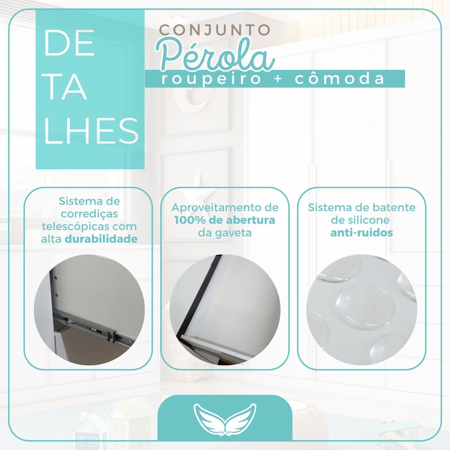 Encontraproduto.com.br - Quarto Infantil Completo Pérola Roupeiro E Cômoda 4 Gavetas Rose