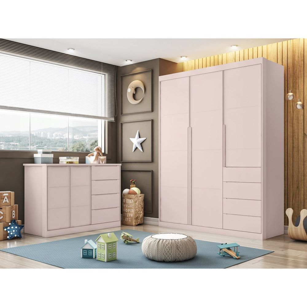 Quarto Infantil Completo Pérola Roupeiro E Cômoda 4 Gavetas Rose