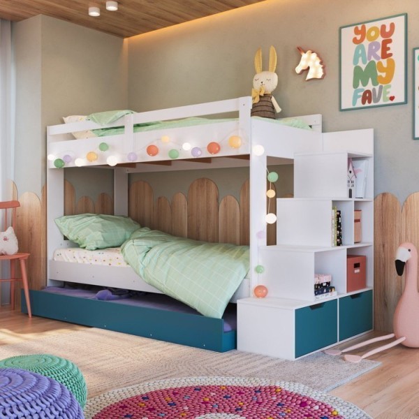 Encontraproduto.com.br - Treliche Infantil Com Cama Auxiliar 3 Colchões Branco/azul Secreto