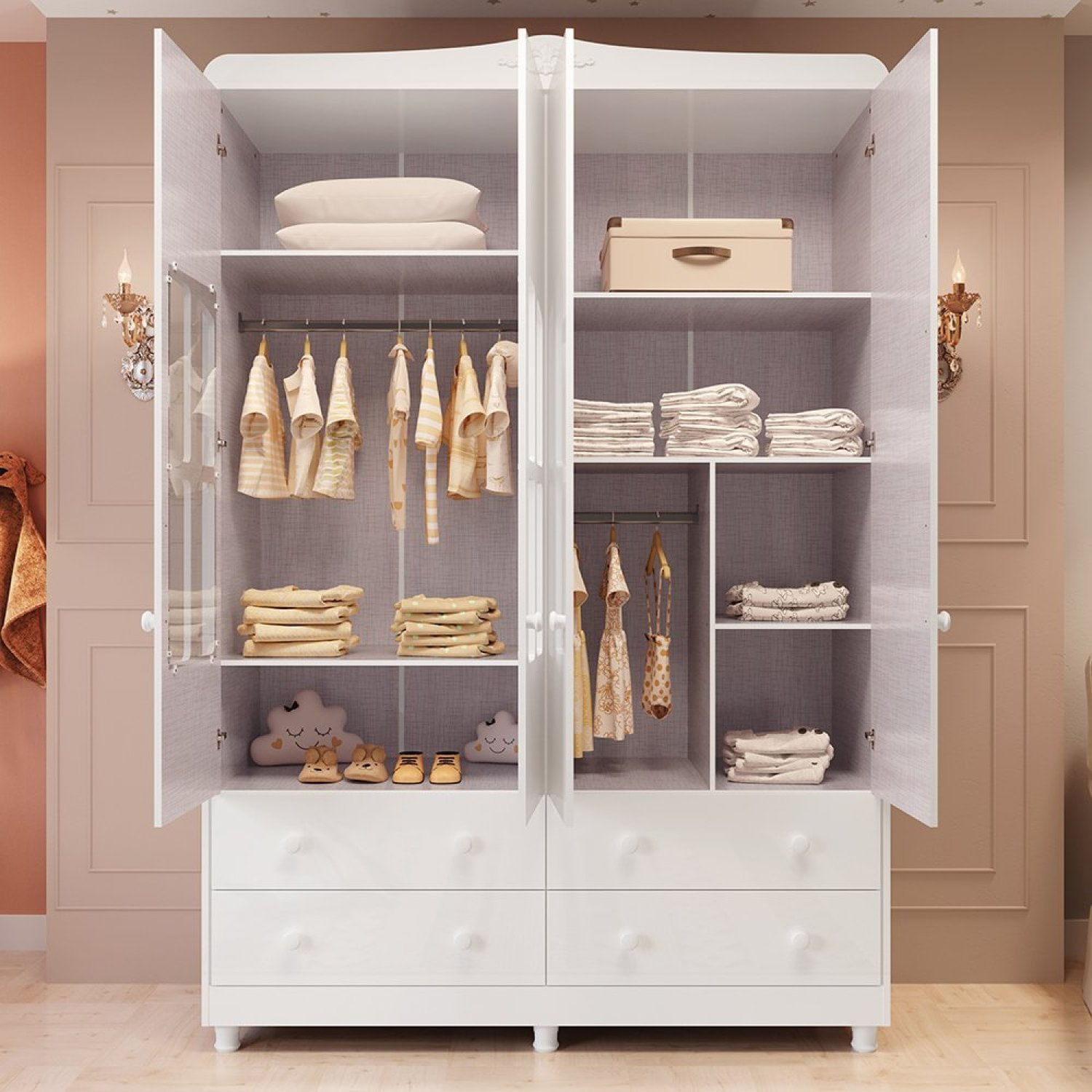 Encontraproduto.com.br - Guarda Roupa De Bebê 4 Portas Com Janela 4 Gavetas Maya Clássico Espresso Móveis Branco