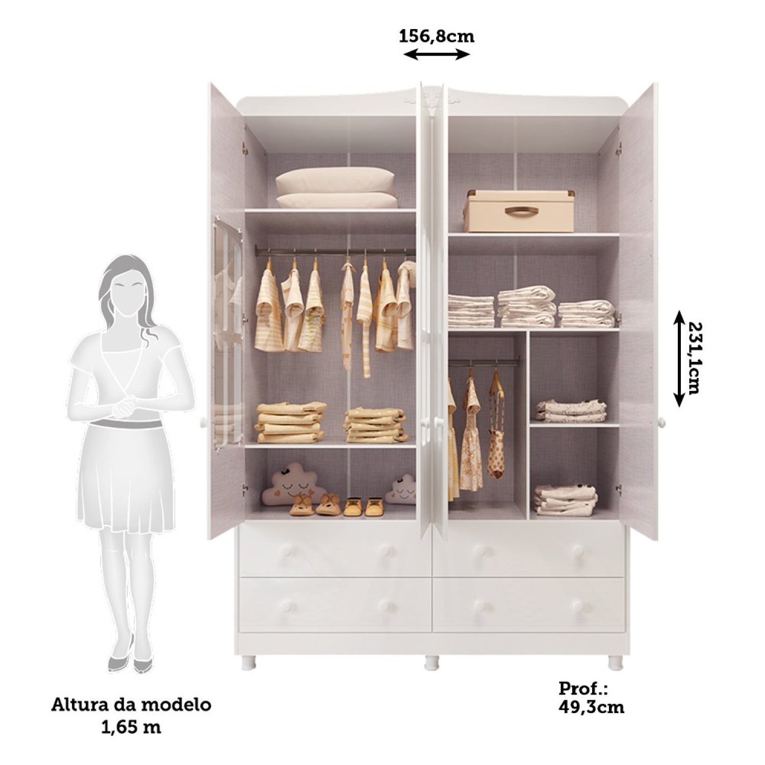 Encontraproduto.com.br - Guarda Roupa De Bebê 4 Portas Com Janela 4 Gavetas Maya Clássico Espresso Móveis Branco