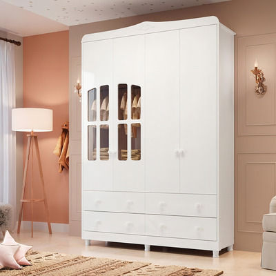 Encontraproduto.com.br - Guarda Roupa De Bebê 4 Portas Com Janela 4 Gavetas Maya Clássico Espresso Móveis Branco