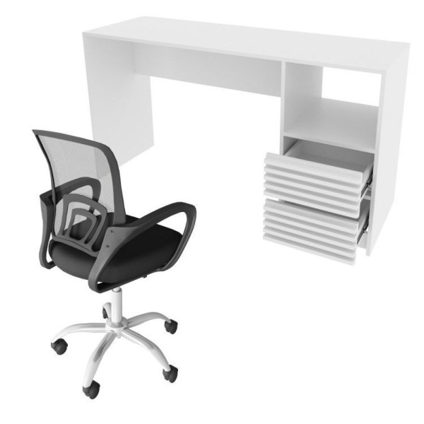 Encontraproduto.com.br - Kit Escrivaninha Com Ripado 2 Gavetas 1 Nicho Com Cadeira Para Escritório Diretor Tela Mesh Branco