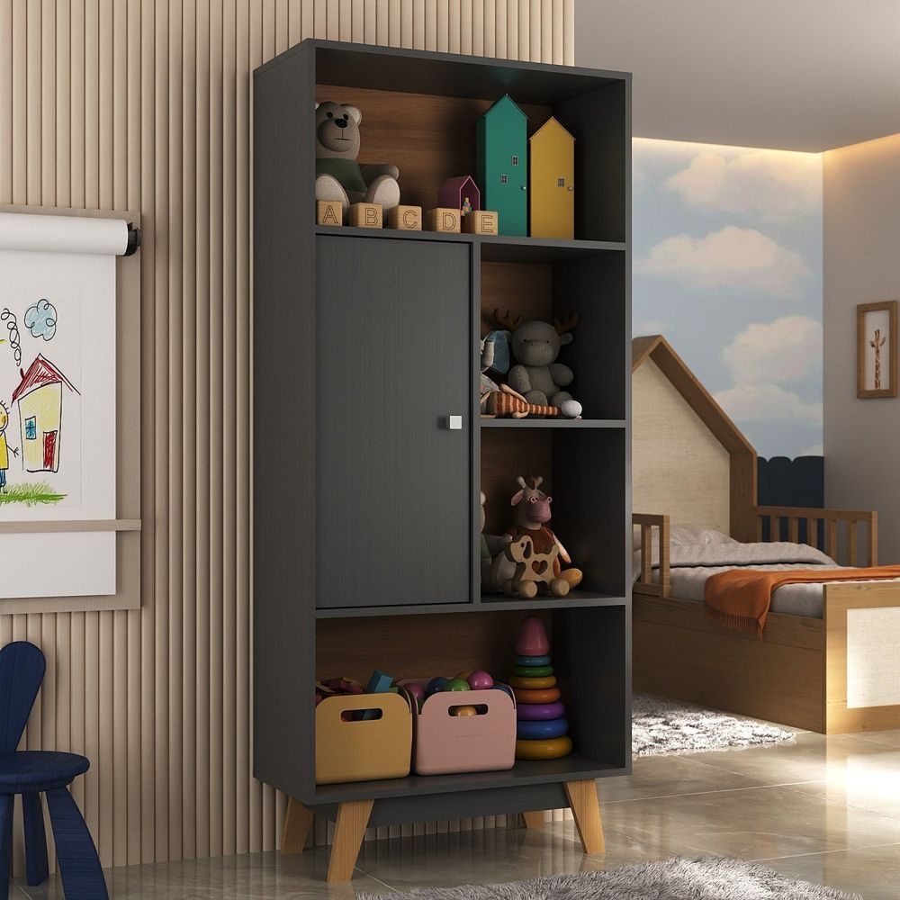 Nicho Infantil Organizador 1 Porta 4 Nichos Sara Espresso Moveis Grafite-nogal