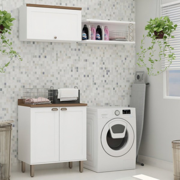 Encontraproduto.com.br - Kit área De Serviço Acquaflex 100% Mdf Com Armário, Balcão E Nicho Com Metalon Branco-ébano