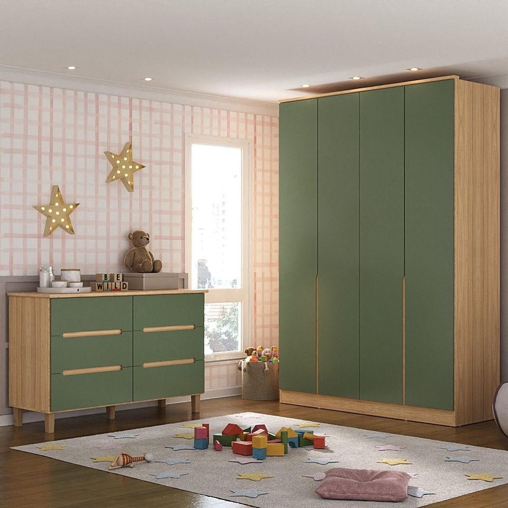 Encontraproduto.com.br - Conjunto De Quarto Infantil Com Guarda Roupa E Cômoda Sky Olmo Italiano/verde