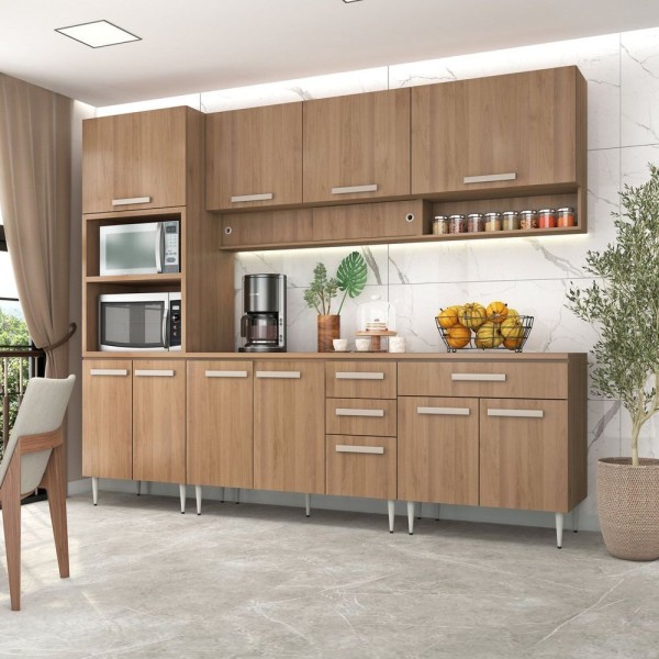 Encontraproduto.com.br - Cozinha Completa Com Tampo 12 Portas 3 Gavetas Com Porta Condimentos Felicitá 100% Mdf Freijó