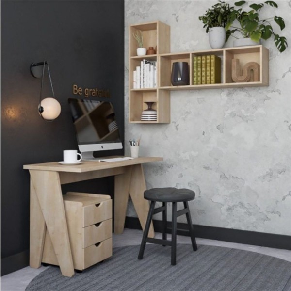 Encontraproduto.com.br - Escrivaninha 120cm Com Gaveteiro E 2 Estantes Nichos 90cm Madeira