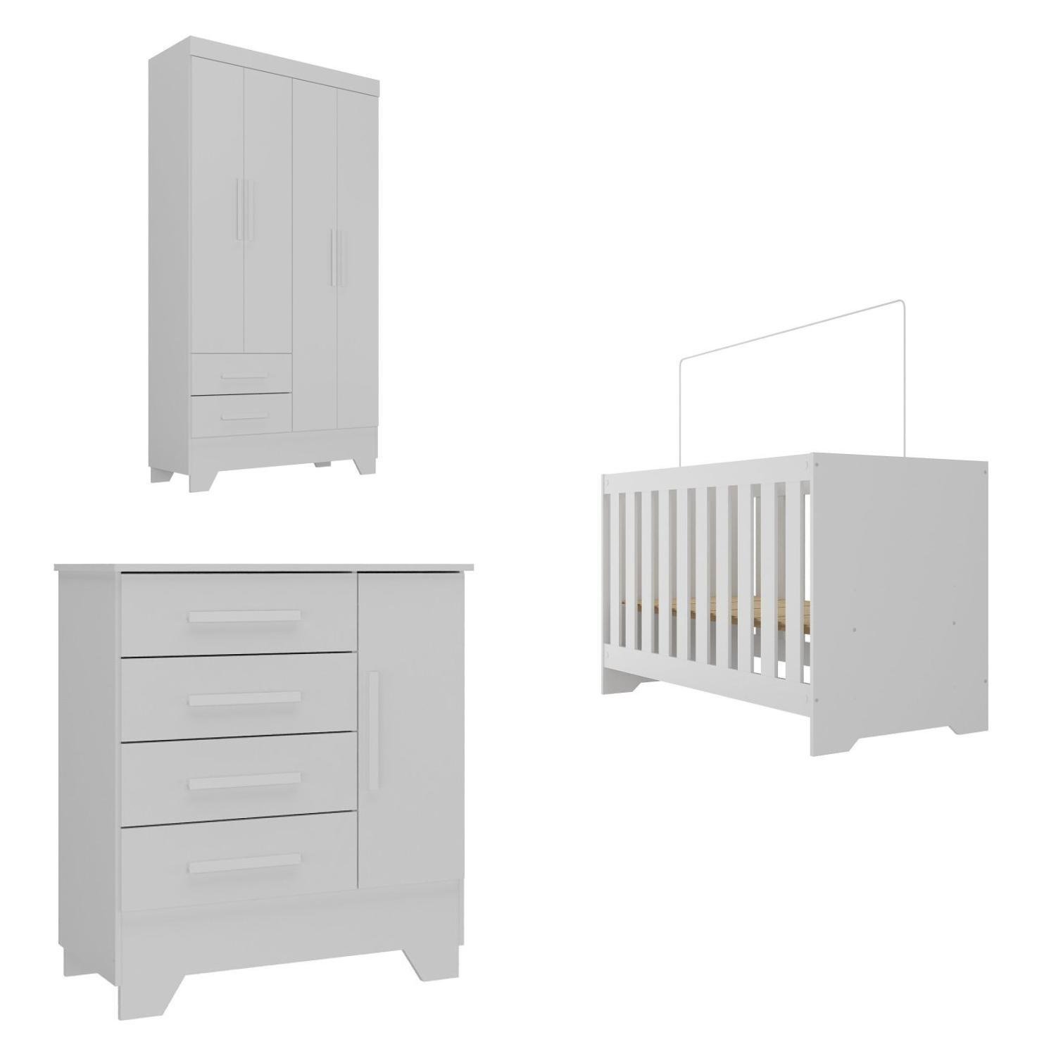 Encontraproduto.com.br - Quarto de Bebê Completo Guarda Roupa 4 Portas 2 Gavetas com Cômoda e Berço Lily Espresso Móveis Branco