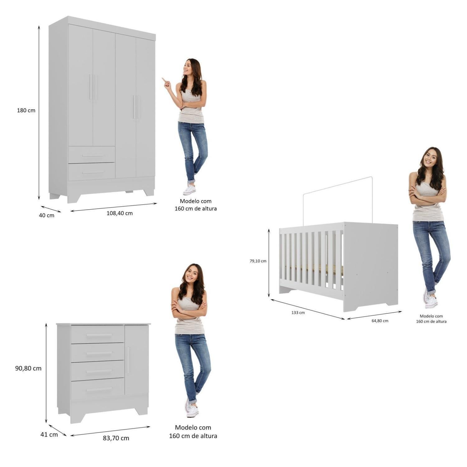 Encontraproduto.com.br - Quarto de Bebê Completo Guarda Roupa 4 Portas 2 Gavetas com Cômoda e Berço Lily Espresso Móveis Branco