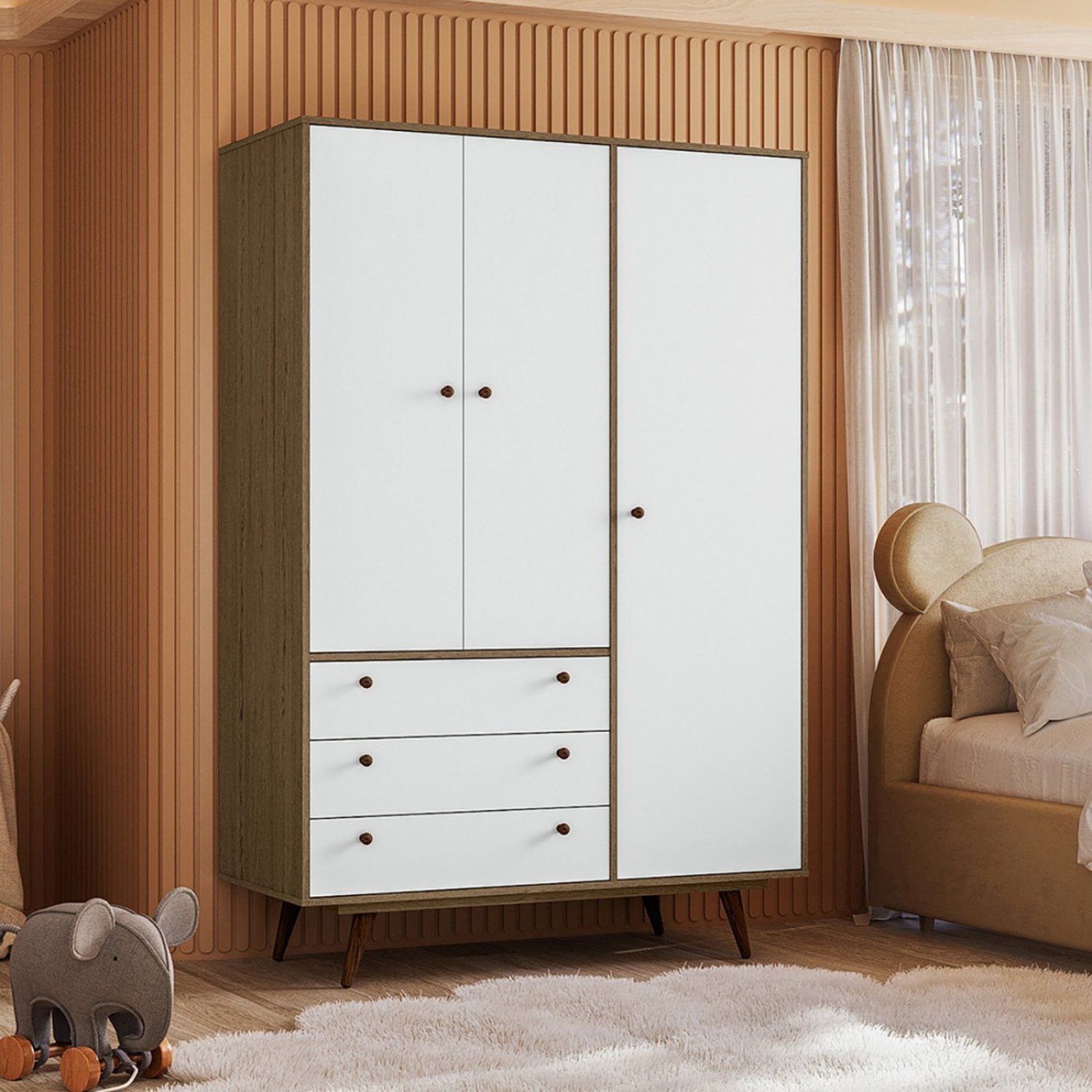 Guarda Roupa Infantil 3 Portas 3 Gavetas Retrô Luna Rustik/branco