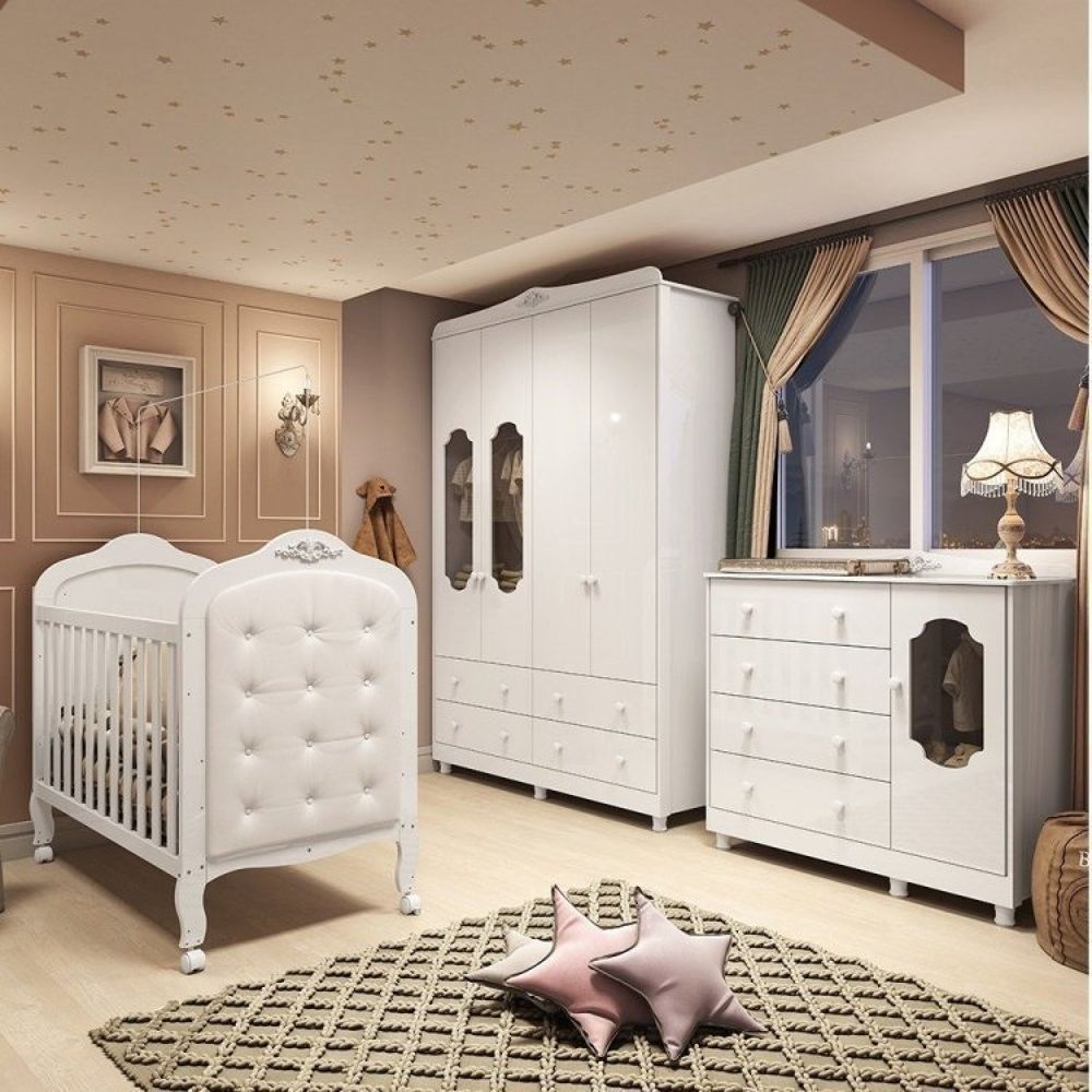Quarto De Bebê Com Guarda Roupa Cômoda Com Janelas E Berço Provençal 100% Mdf Branco Brilho