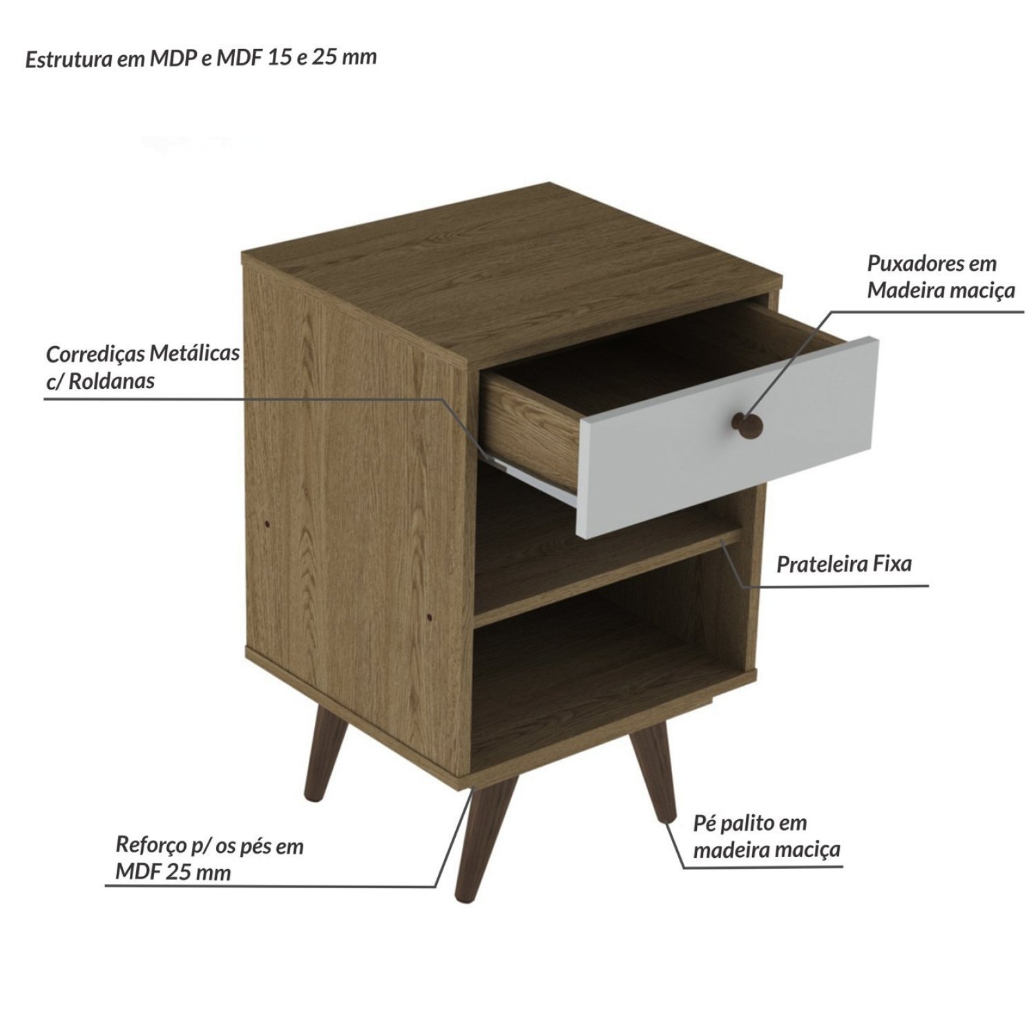 Encontraproduto.com.br - Mesa De Cabeceira Infantil 1 Gaveta 1 Prateleira Retrô Luna Rustik/branco