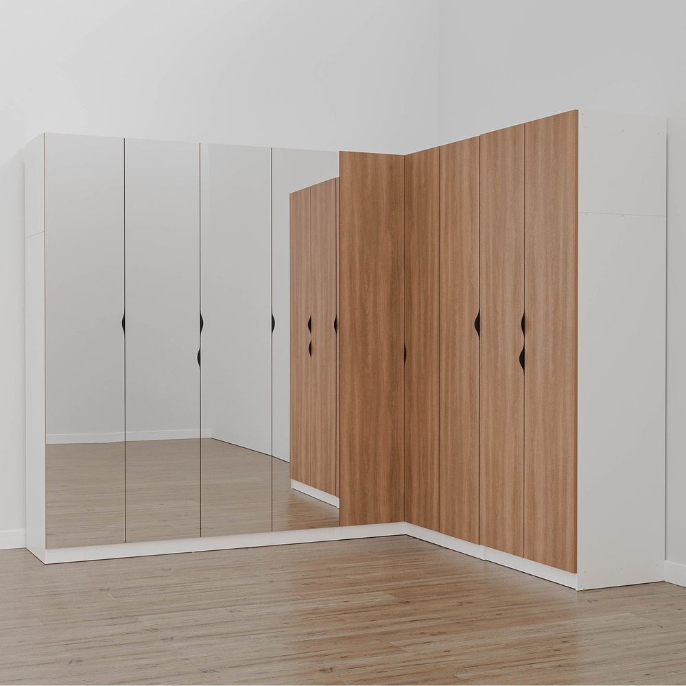 Guarda Roupa Modulado De Canto Com Espelho 9 Portas 4 Peças Hera Cabecasa Branco Geada-louro-preto