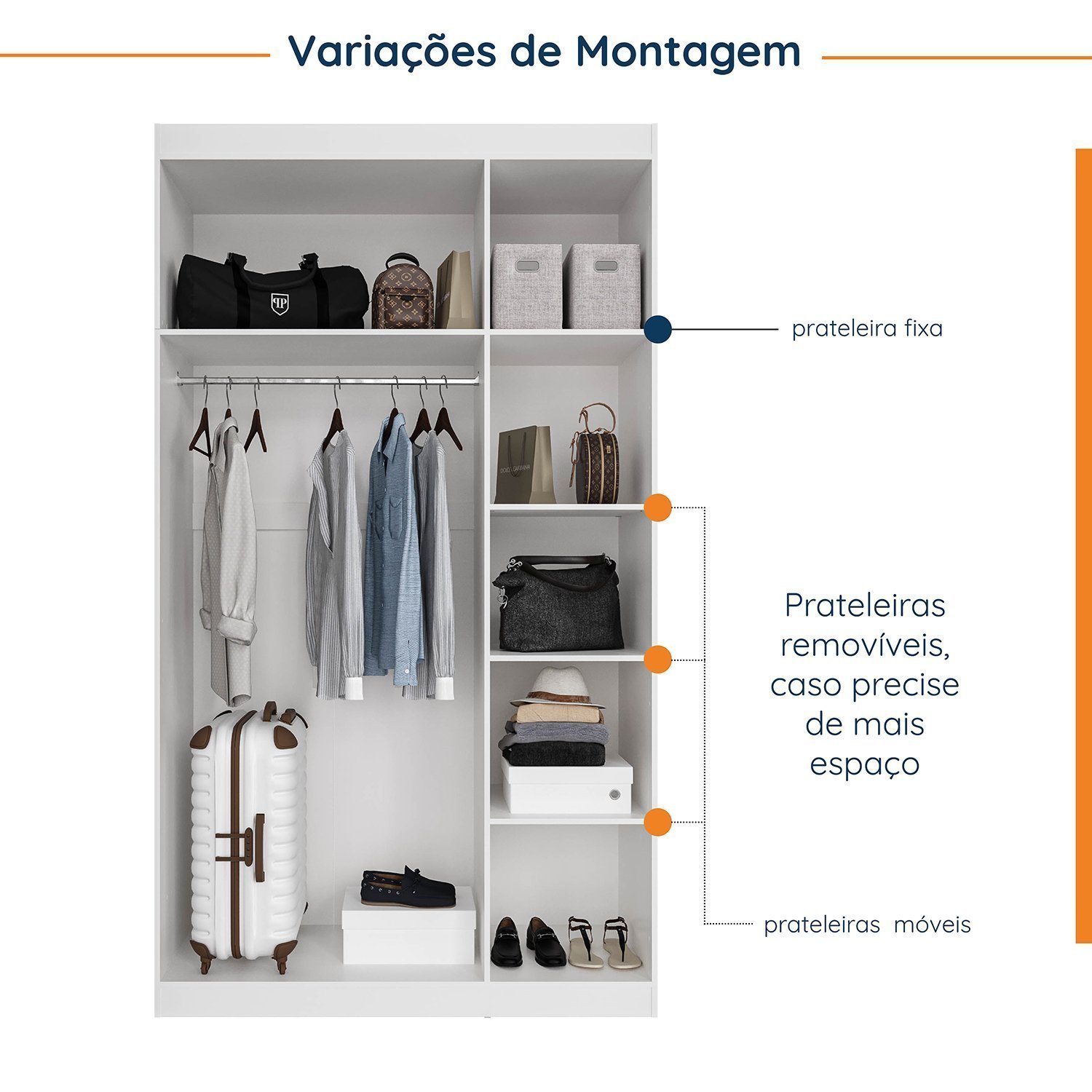 Encontraproduto.com.br - Guarda Roupa Modulado De Solteiro Com Mesa De Cabeceira Direita 7 Portas 3 Peças Hera Madei Branco