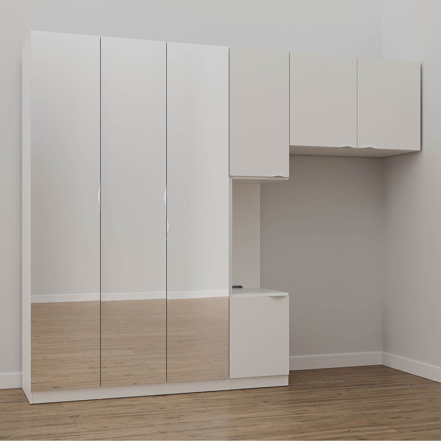 Guarda Roupa Modulado De Solteiro Com Espelho E Mesa De ceira Esquerda 7 Portas 3 Peças Branco