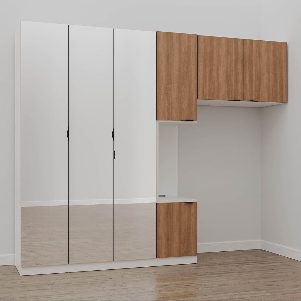 Guarda Roupa Modulado De Solteiro Com Espelho E Mesa De ceira Esquerda 7 Portas 3 Peças Branco
