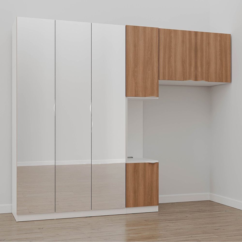 Guarda Roupa Modulado De Solteiro Com Espelho E Mesa De ceira Esquerda 7 Portas 3 Peças Branco