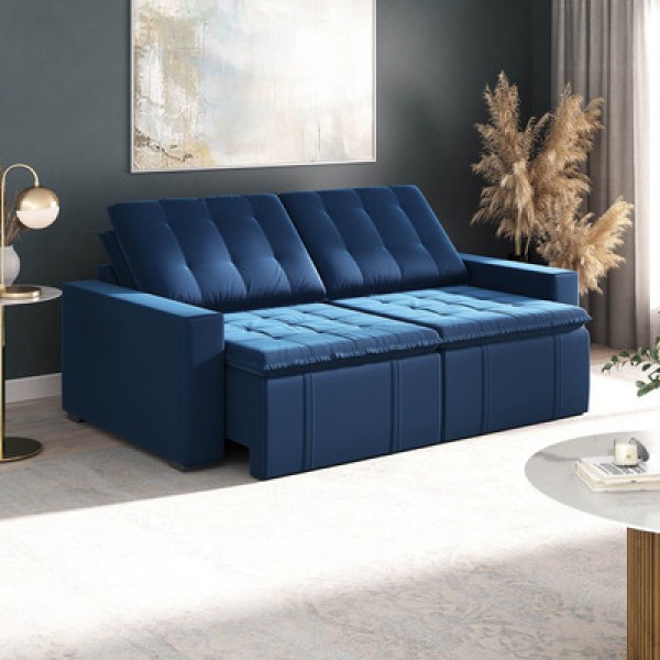 Encontraproduto.com.br - Sofá Cama Retrátil E Reclinável 3 Lugares 220cm Em Veludo Com Molas E Braço Reto Palmeira Cabecasa M Azul