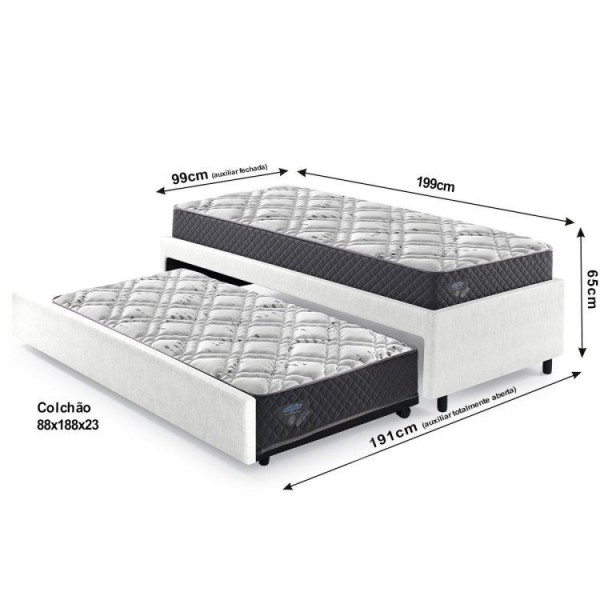 Encontraproduto.com.br - Bicama Box Solteiro 88x188 Courino Com Dois Colchões Adapto Molas Ensacadas Ecoflex Branco/cinza