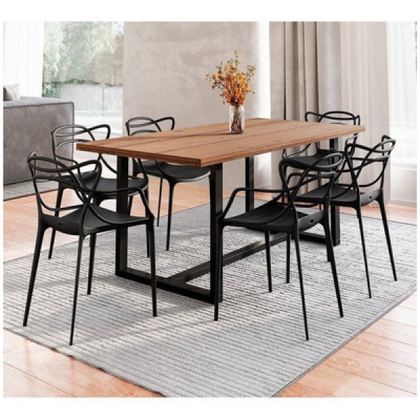Encontraproduto.com.br - Conjunto Mesa De Jantar Rústica De Madeira Maciça Com 6 Cadeiras Allegra Preto-marrom