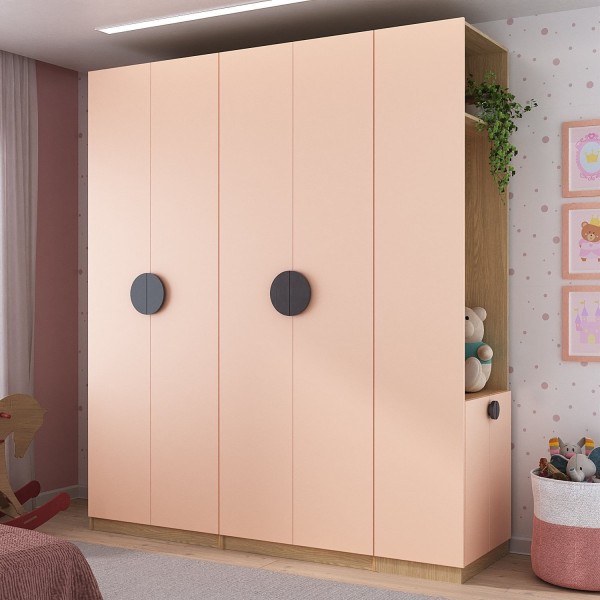 Encontraproduto.com.br - Conjunto Modulado Infantil 3 Peças 6 Portas, Cabideiros, Nichos, 2 Gavetas E Sapateira Joy Kids Cabe Salmão-avena