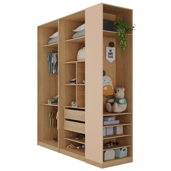 Encontraproduto.com.br - Conjunto Modulado Infantil 3 Peças 6 Portas, Cabideiros, Nichos, 2 Gavetas E Sapateira Joy Kids Cabe Salmão-avena