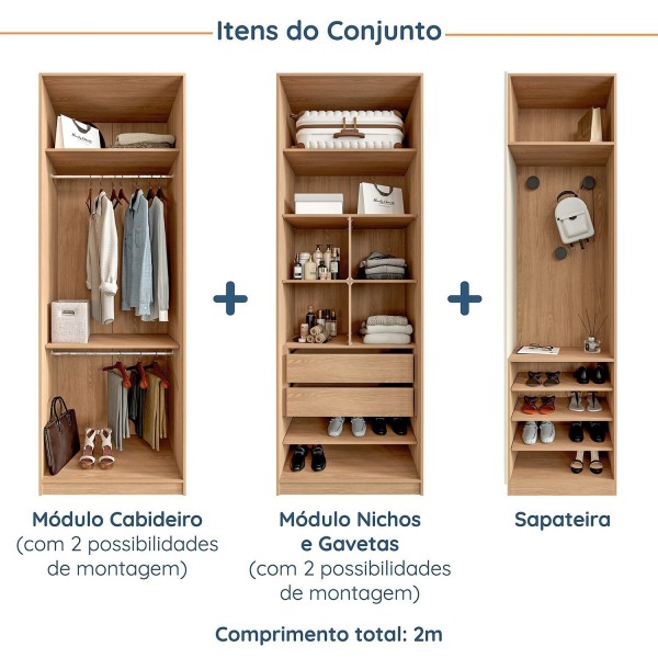 Encontraproduto.com.br - Conjunto Modulado Infantil 3 Peças 6 Portas, Cabideiros, Nichos, 2 Gavetas E Sapateira Joy Kids Cabe Cinza-avena