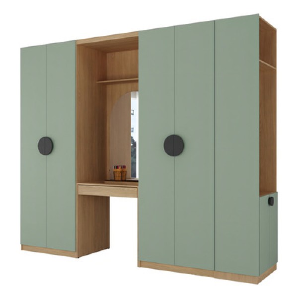 Encontraproduto.com.br - Conjunto Modulado Infantil 4 Peças 6 Portas Cabideiro, Penteadeira Com Espelho, Nichos, Gavetas E Sa Verde-avena