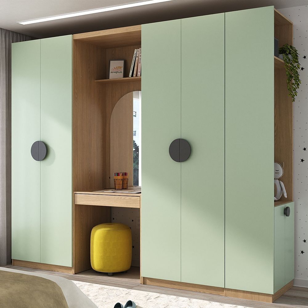 Conjunto Modulado Infantil 4 Peças 6 Portas Cabideiro, Penteadeira Com Espelho, Nichos, Gavetas E Sa Verde-avena