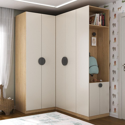 Conjunto Modulado Infantil de Canto 3 Peças 6 Portas Nicho com 2 Gavetas e Sapateira Joy Kids Cabeca Cinza/Avena