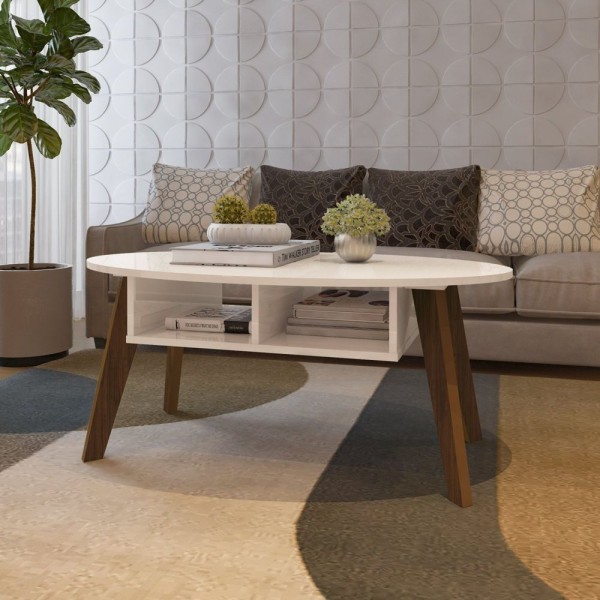 Mesa De Centro Com Tampo Oval E Nichos Diva Cedro/off White