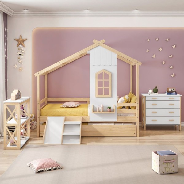Bicama Infantil Prime House Com Mini Escorregador E Telhado V Casatema Branco/natural