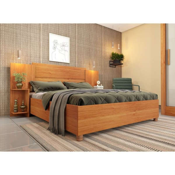 Cama Box Casal Monaco Queen Com Painel E Mesa De Cabeceira Cinamomo