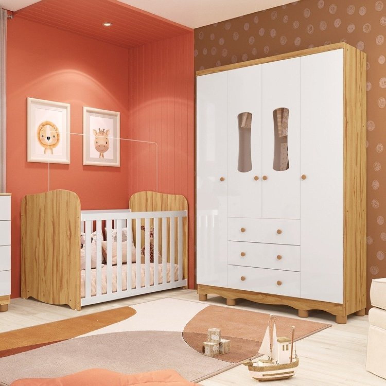 Quarto De Bebê Guarda Roupas 4 Portas Com 3 Gavetas E Berço 100% Mdf Lana Branco Brilho/amêndoa